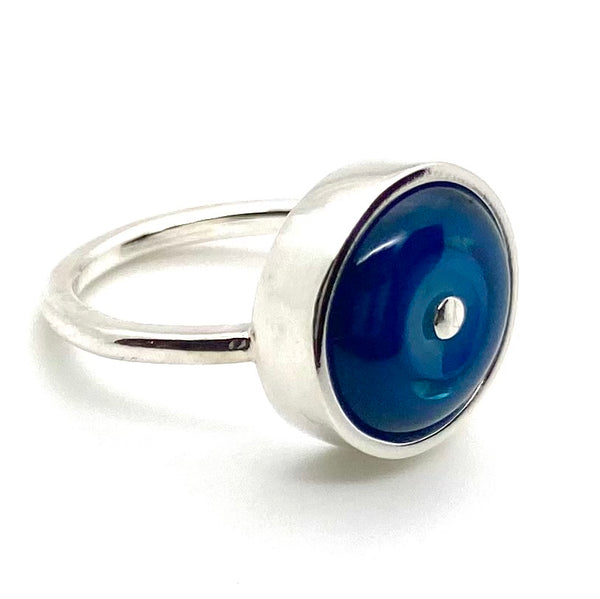 Small Circle Ring in Turquoise, Blue, and Steel Blue Glass and Sterling Silver US Size 5, 6,  and 7.75