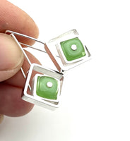 Offset Square Dangle Earrings with Mint Green Glass and Sterling Silver