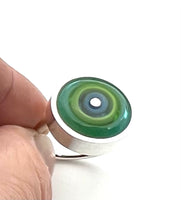 Large Circle Ring in Blue, Lime Green, and Aqua Glass and Silver US Size 7.5