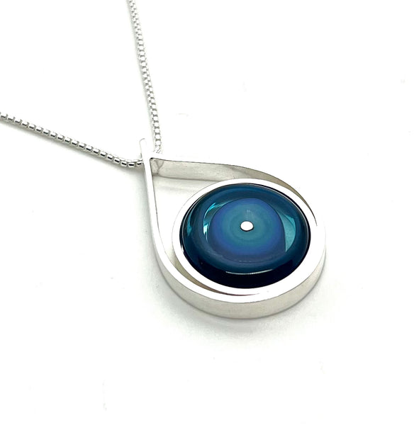 Modern Raindrop Necklace in Turquoise, Blue, and Steel Blue Glass and Sterling Silver