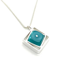 Small Offset Square Necklace in Turquoise Aqua Glass and Sterling Silver