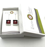 Red Heart Box Earrings in Oxidized Silver Square