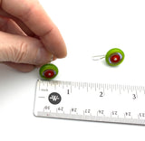 Short Circle Earrings in Red/Orange, Lavender, and Pea Green  Glass and Sterling Silver