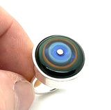 Large Circle Ring Blue, Orange, and Bottle Green Glass and Sterling Silver US Size 6.5