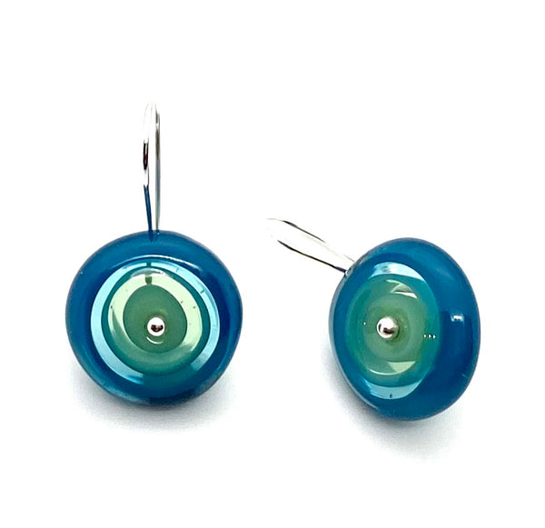 Short Circle Earrings in Mint Green, Turquoise, and Steel Blue  Glass and Sterling Silver