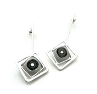 Offset Square Dangle Earrings with White and Gray Glass and Sterling Silver