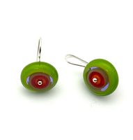 Short Circle Earrings in Red/Orange, Lavender, and Pea Green  Glass and Sterling Silver