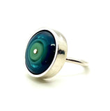 Larger Circle Ring In Mint Green, Turquoise, and Steel Blue Glass and Sterling Silver Framed US Size 8