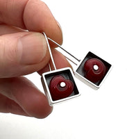 Red Heart Box Earrings in Oxidized Silver Square