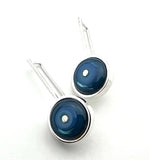Framed Circle Earrings in Turquoise, Blue, and Steel Blue Glass and Sterling Silver