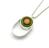 Oblong Circle Necklace in Orange, Green, and Gray Glass and Sterling Silver