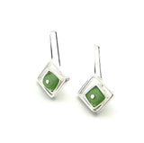 Offset Square Dangle Earrings with Mint Green Glass and Sterling Silver
