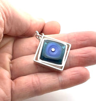 Medium Offset Square Necklace in Shades of Blue Glass and Sterling Silver